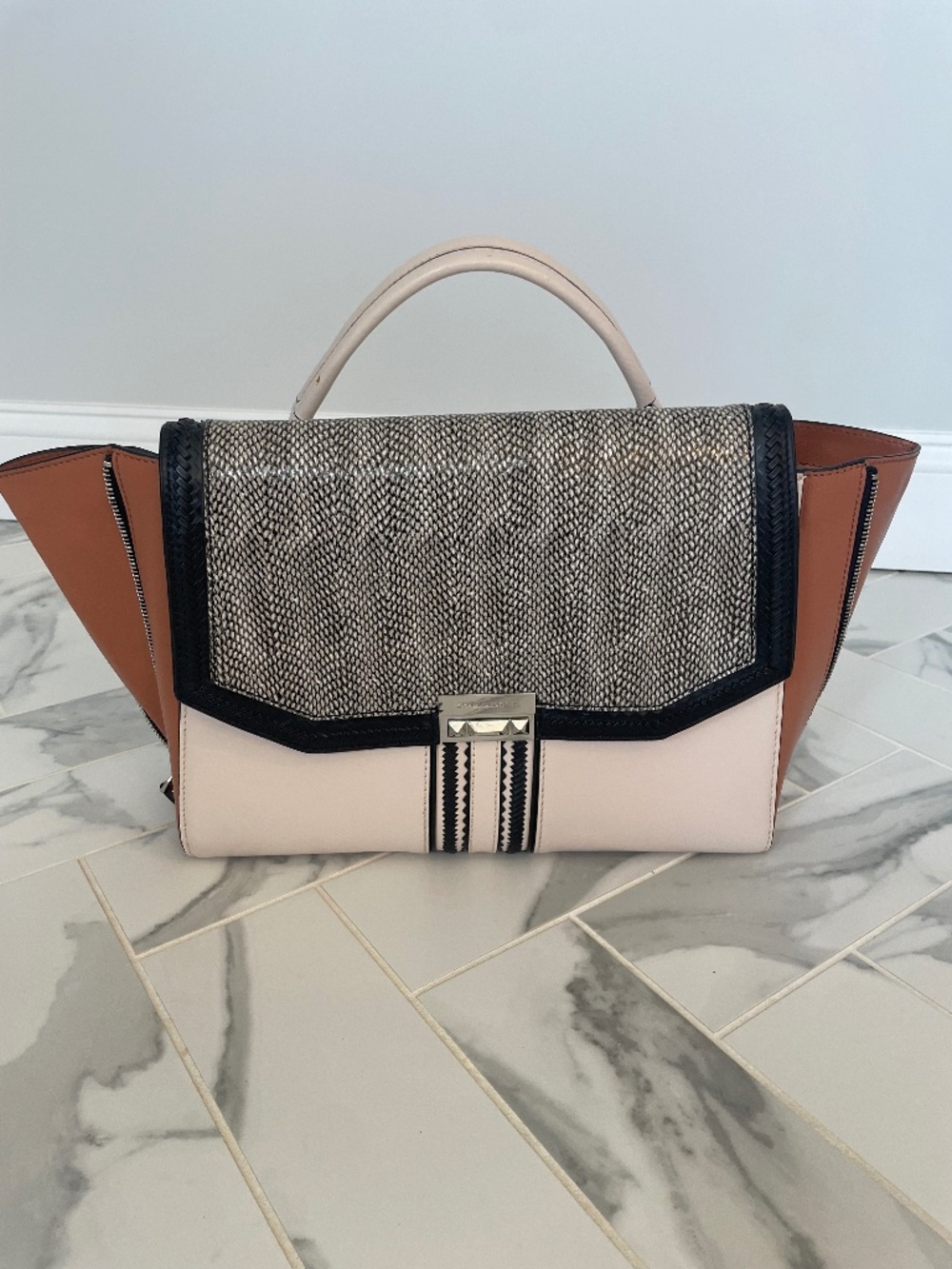 BCBGMAXAZRIA Leather Snake Print Colorblock Trapeze Satchel Bag